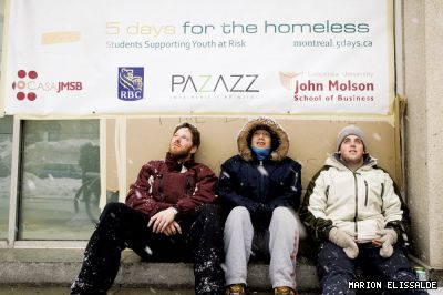 Joshua Redler, Brian Chungwing and Adam Gold contemplate yet another flurry while raising money for Dans la Rue by sleeping outside for five days.